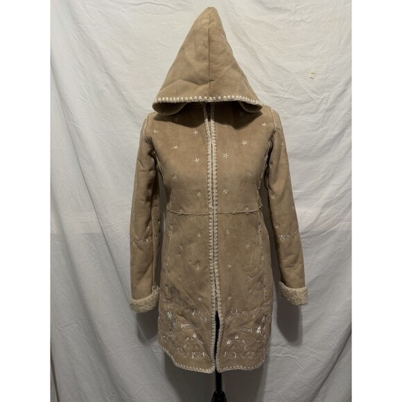 GAP Kids Faux Suede Hooded Sherpa Lined Boho Floral Embroidered Coat Size L / 10 - Picture 1 of 10